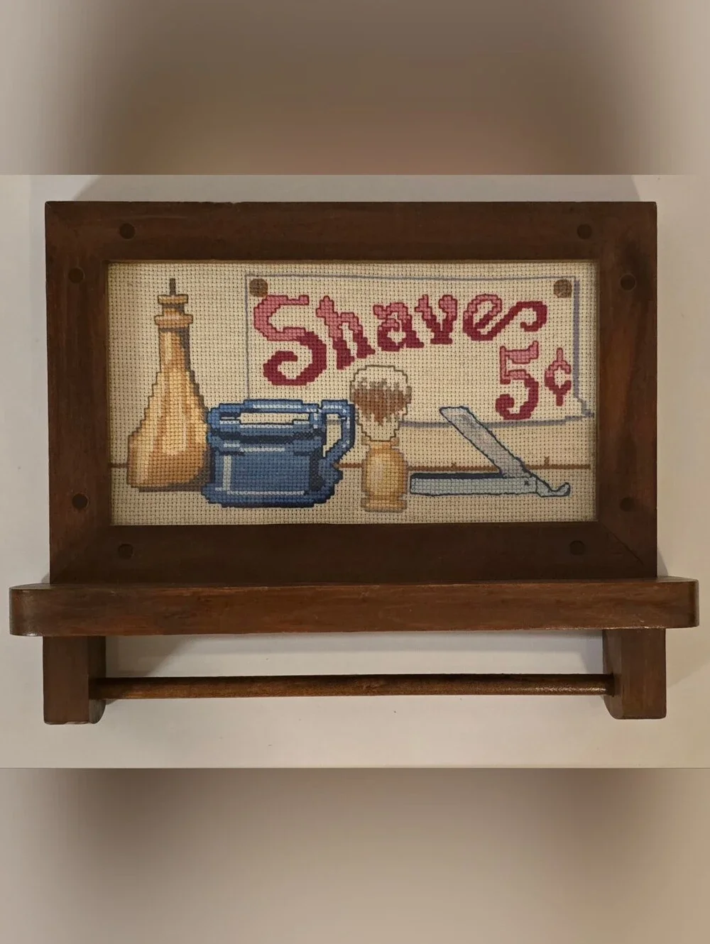 Vintage Needlepoint Shaving Sign Wooden Bathroom Shelf Towel Rack Shaves 5 Cents